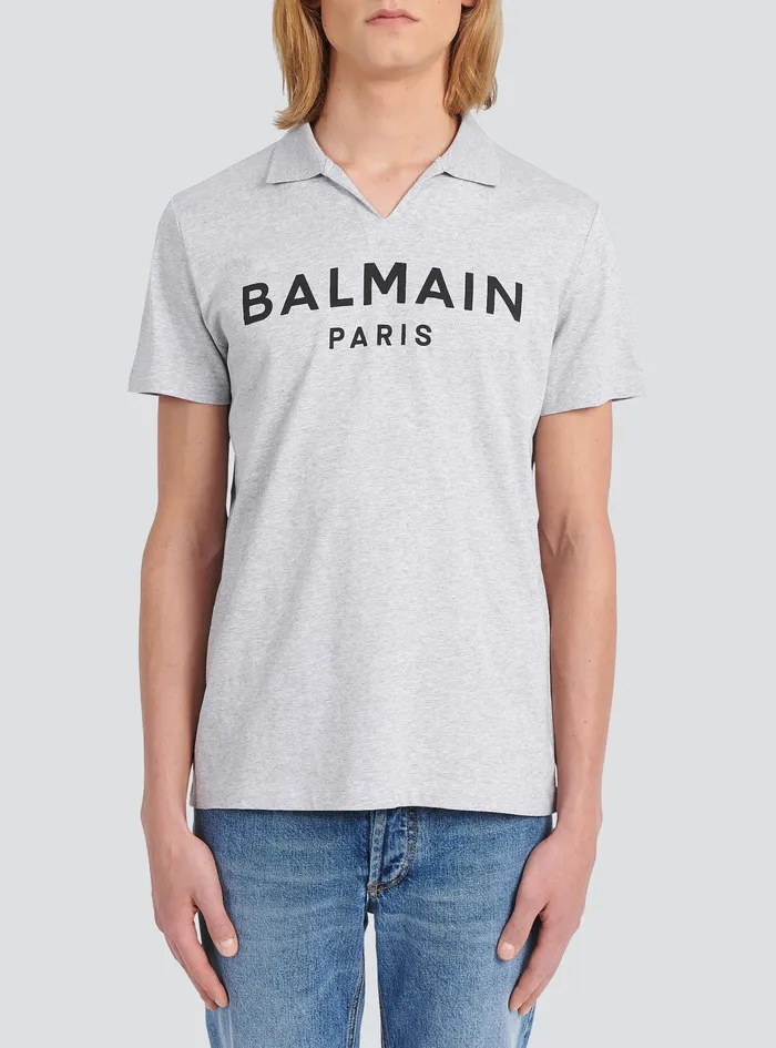 Balmain Shirts And Polos Mens Cotton Polo With Balmain Logo Print Grey Balmain Shirts And Polos Mens Cotton Polo With Balmain Logo Print Grey