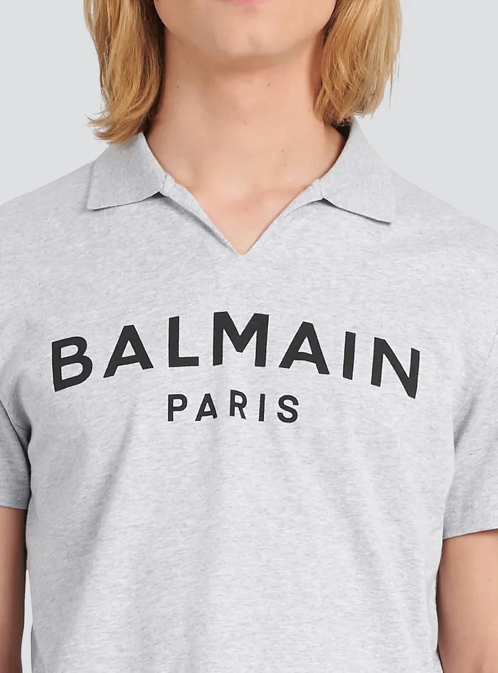Balmain Shirts And Polos Mens Cotton Polo With Balmain Logo Print Grey Balmain Shirts And Polos Mens Cotton Polo With Balmain Logo Print Grey