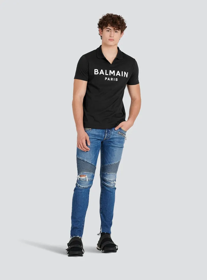 Balmain Shirts And Polos Mens Cotton Polo With Black Balmain Logo Print Black Balmain Shirts And Polos Mens Cotton Polo With Black Balmain Logo Print Black