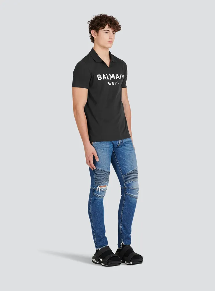 Balmain Shirts And Polos Mens Cotton Polo With Black Balmain Logo Print Black Balmain Shirts And Polos Mens Cotton Polo With Black Balmain Logo Print Black