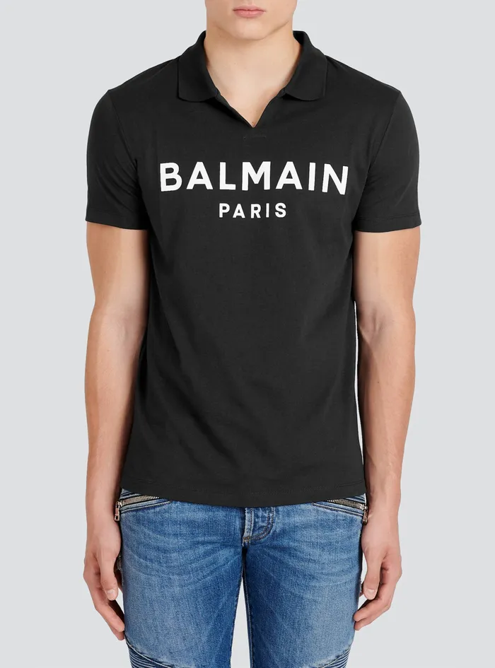 Balmain Shirts And Polos Mens Cotton Polo With Black Balmain Logo Print Black Balmain Shirts And Polos Mens Cotton Polo With Black Balmain Logo Print Black