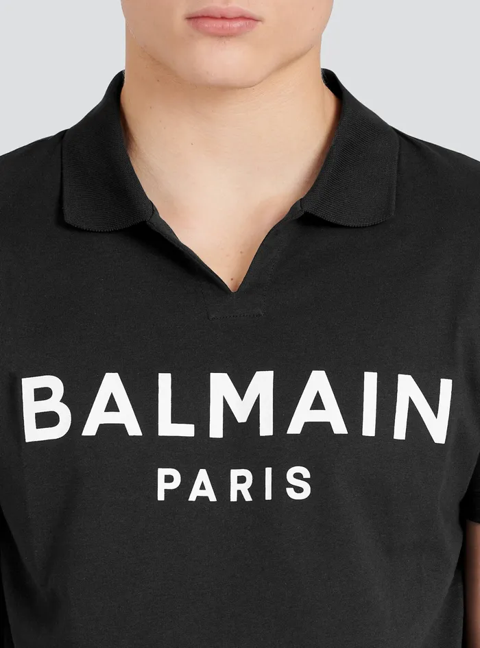 Balmain Shirts And Polos Mens Cotton Polo With Black Balmain Logo Print Black Balmain Shirts And Polos Mens Cotton Polo With Black Balmain Logo Print Black