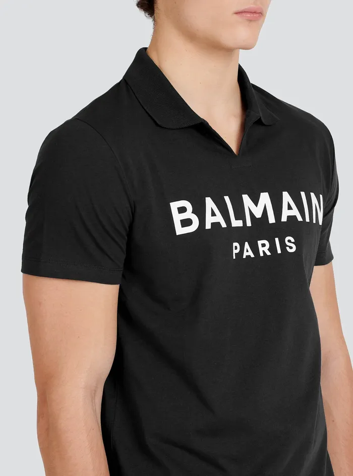 Balmain Shirts And Polos Mens Cotton Polo With Black Balmain Logo Print Black Balmain Shirts And Polos Mens Cotton Polo With Black Balmain Logo Print Black