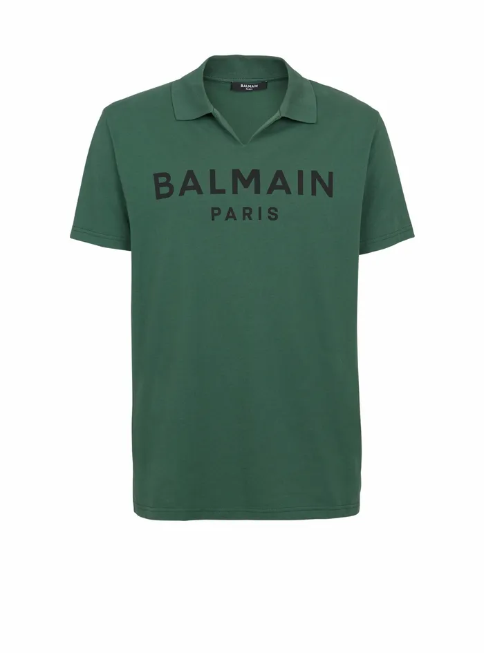 Balmain Shirts And Polos Mens Cotton Polo With Black Balmain Logo Print Green