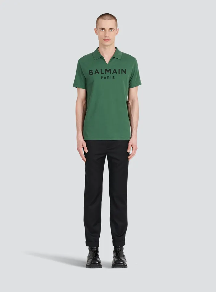 Balmain Shirts And Polos Mens Cotton Polo With Black Balmain Logo Print Green
