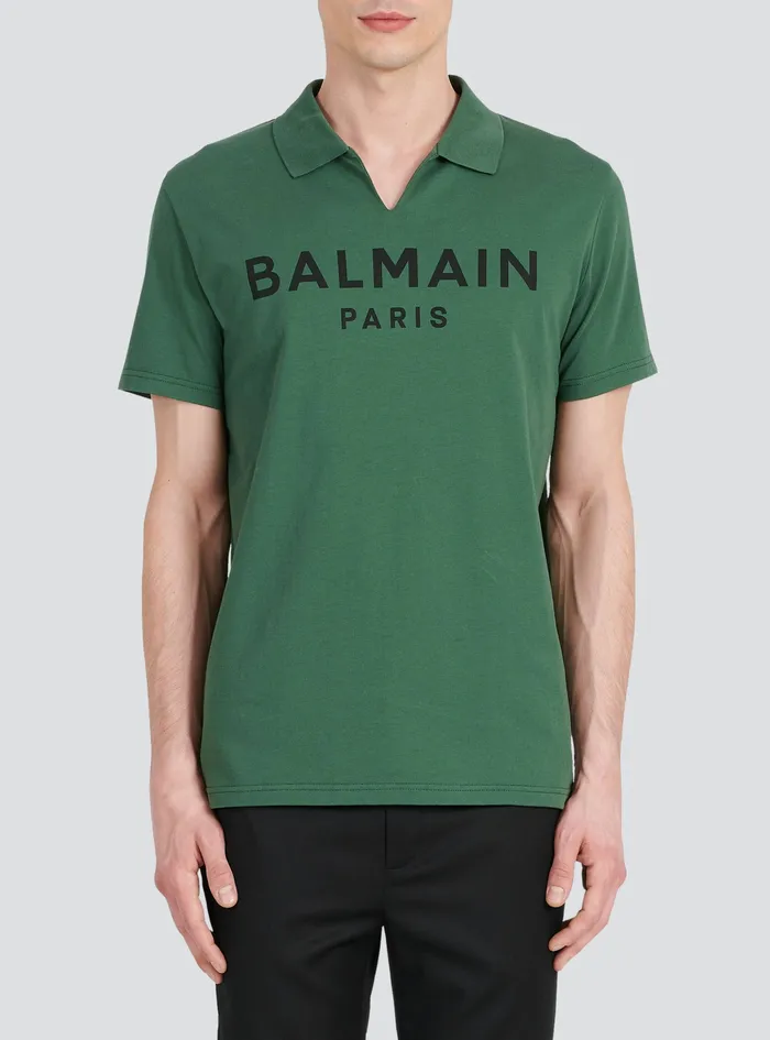 Balmain Shirts And Polos Mens Cotton Polo With Black Balmain Logo Print Green