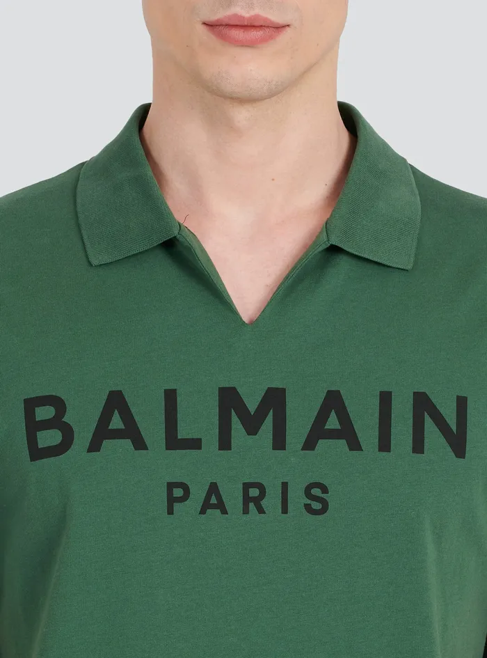 Balmain Shirts And Polos Mens Cotton Polo With Black Balmain Logo Print Green