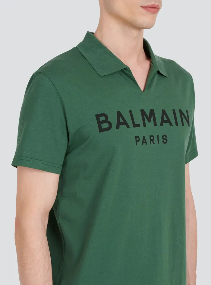 Balmain Shirts And Polos Mens Cotton Polo With Black Balmain Logo Print Green