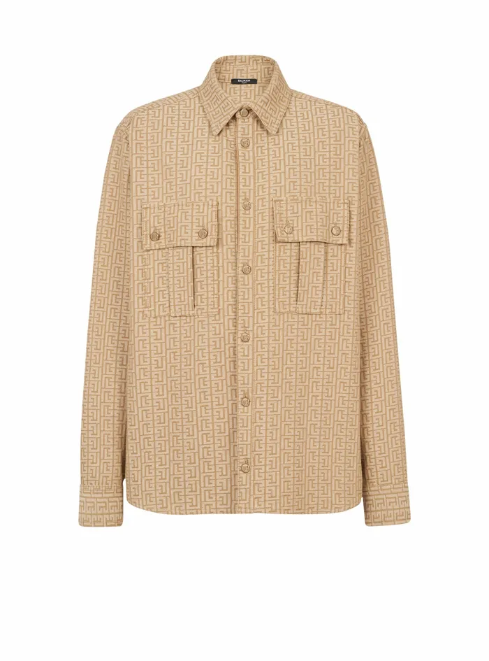 Balmain Shirts And Polos Mens Cotton Shirt With Balmain Jacquard Monogram Beige Balmain Shirts And Polos Mens Cotton Shirt With Balmain Jacquard Monogram Beige