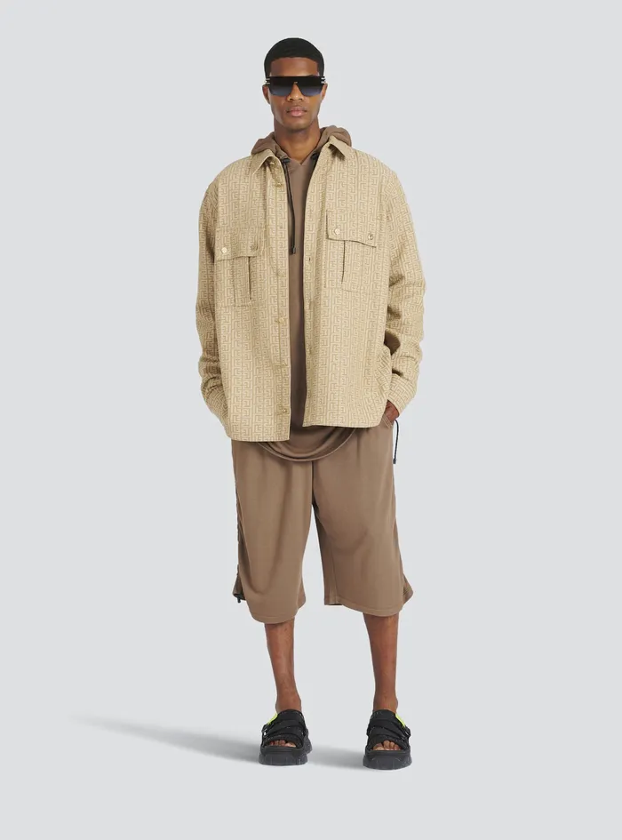 Balmain Shirts And Polos Mens Cotton Shirt With Balmain Jacquard Monogram Beige
