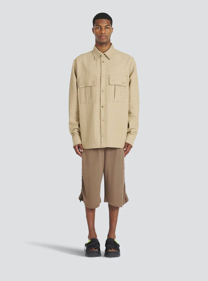 Balmain Shirts And Polos Mens Cotton Shirt With Balmain Jacquard Monogram Beige