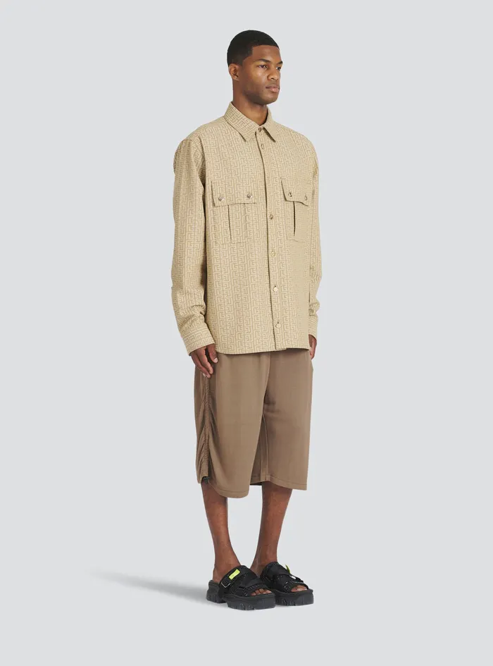 Balmain Shirts And Polos Mens Cotton Shirt With Balmain Jacquard Monogram Beige