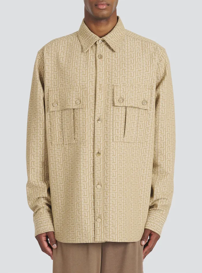 Balmain Shirts And Polos Mens Cotton Shirt With Balmain Jacquard Monogram Beige