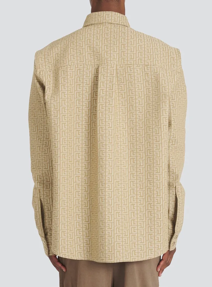 Balmain Shirts And Polos Mens Cotton Shirt With Balmain Jacquard Monogram Beige