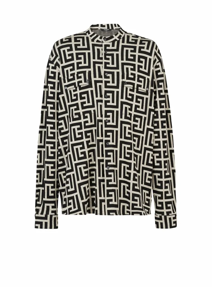 Balmain Shirts And Polos Mens Cotton Shirt With Maxi Balmain Monogram Print Black Balmain Shirts And Polos Mens Cotton Shirt With Maxi Balmain Monogram Print Black