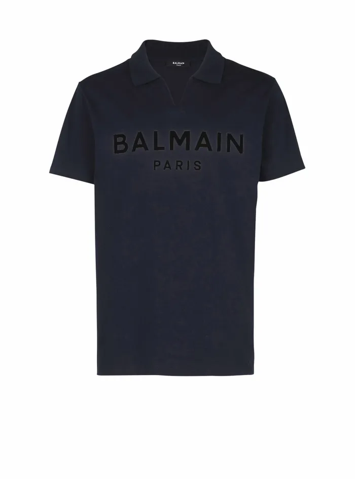 Balmain Shirts And Polos Mens EecoDesigned Cotton Polo With Black Balmain Logo Print Navy Balmain Shirts And Polos Mens EecoDesigned Cotton Polo With Black Balmain Logo Print Navy