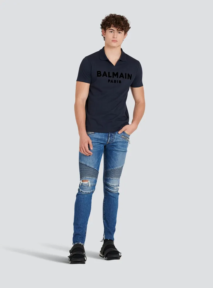 Balmain Shirts And Polos Mens EecoDesigned Cotton Polo With Black Balmain Logo Print Navy Balmain Shirts And Polos Mens EecoDesigned Cotton Polo With Black Balmain Logo Print Navy