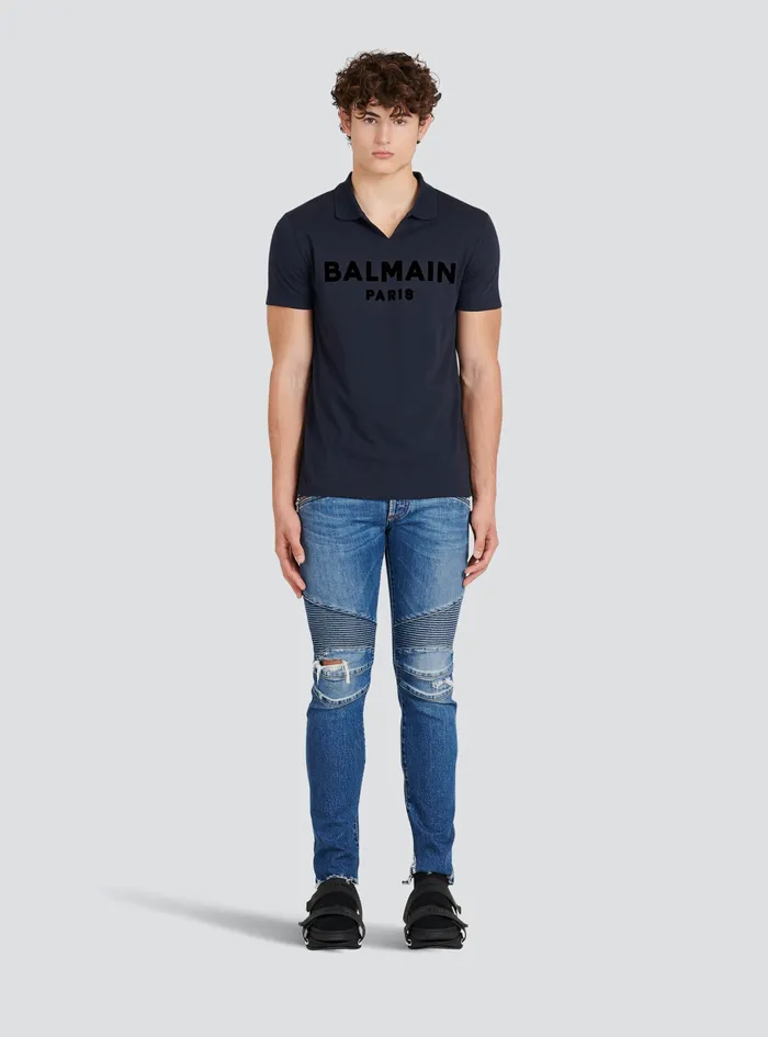 Balmain Shirts And Polos Mens EecoDesigned Cotton Polo With Black Balmain Logo Print Navy Balmain Shirts And Polos Mens EecoDesigned Cotton Polo With Black Balmain Logo Print Navy