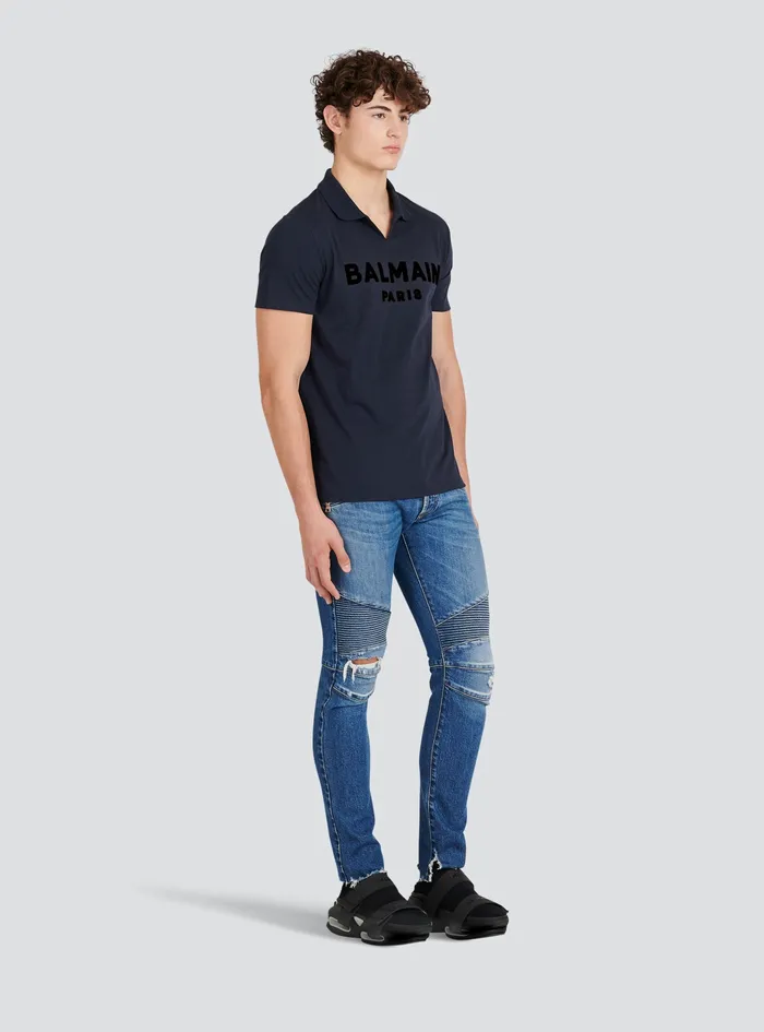 Balmain Shirts And Polos Mens EecoDesigned Cotton Polo With Black Balmain Logo Print Navy Balmain Shirts And Polos Mens EecoDesigned Cotton Polo With Black Balmain Logo Print Navy
