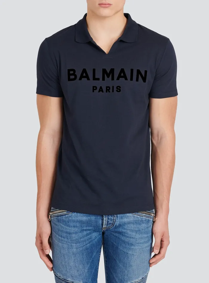 Balmain Shirts And Polos Mens EecoDesigned Cotton Polo With Black Balmain Logo Print Navy Balmain Shirts And Polos Mens EecoDesigned Cotton Polo With Black Balmain Logo Print Navy