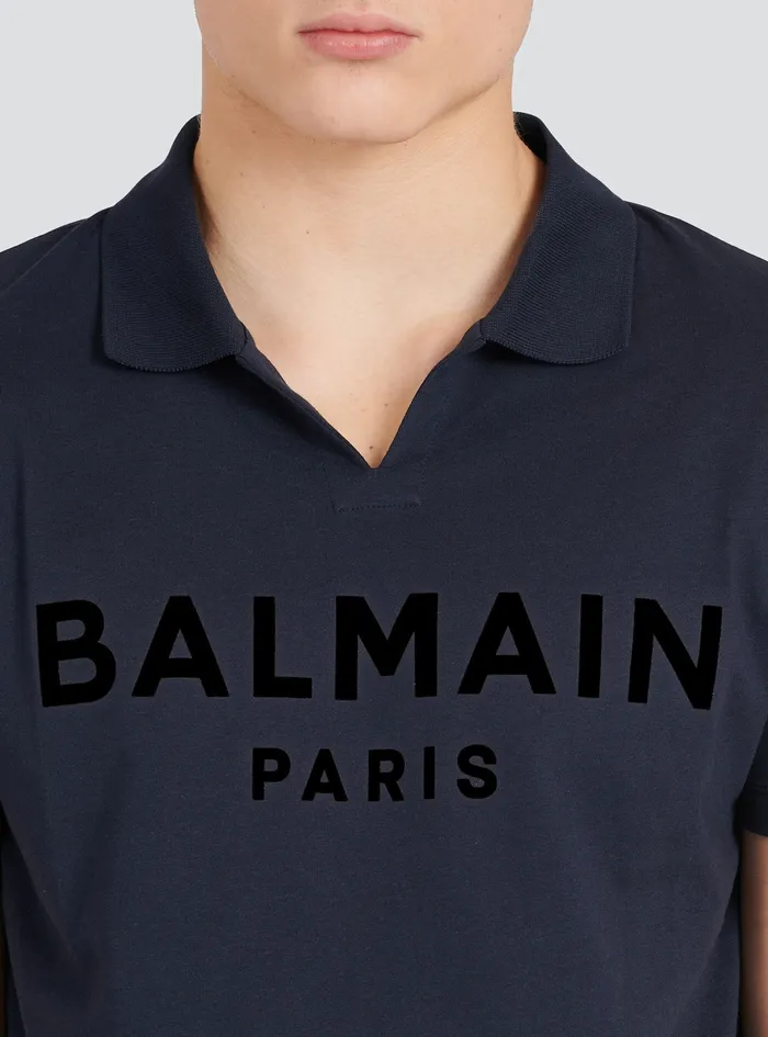 Balmain Shirts And Polos Mens EecoDesigned Cotton Polo With Black Balmain Logo Print Navy Balmain Shirts And Polos Mens EecoDesigned Cotton Polo With Black Balmain Logo Print Navy