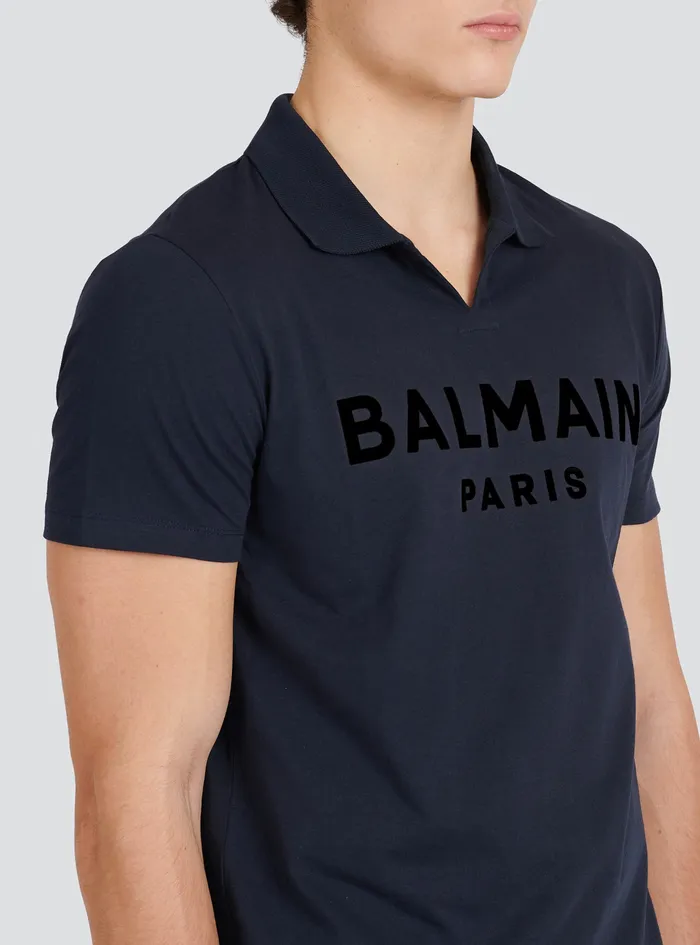 Balmain Shirts And Polos Mens EecoDesigned Cotton Polo With Black Balmain Logo Print Navy Balmain Shirts And Polos Mens EecoDesigned Cotton Polo With Black Balmain Logo Print Navy