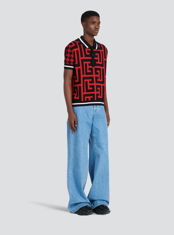 Balmain Shirts And Polos Mens Houndstooth Print Polo Red