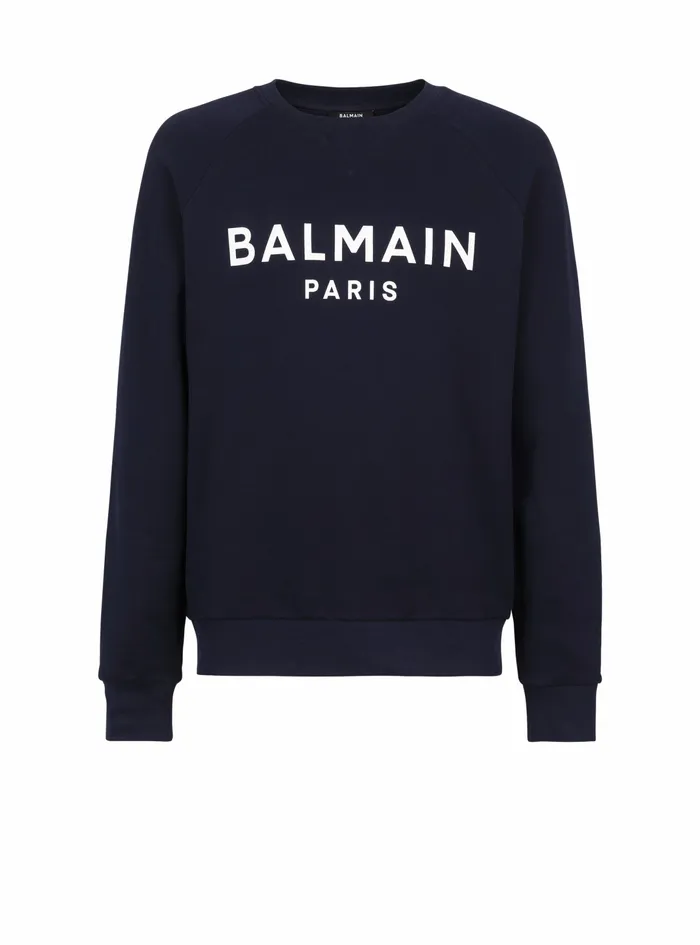 Balmain Sweatshirts Mens Cotton Sweatshirt With Flocked Balmain Paris Logo Navy Balmain Sweatshirts Mens Cotton Sweatshirt With Flocked Balmain Paris Logo Navy