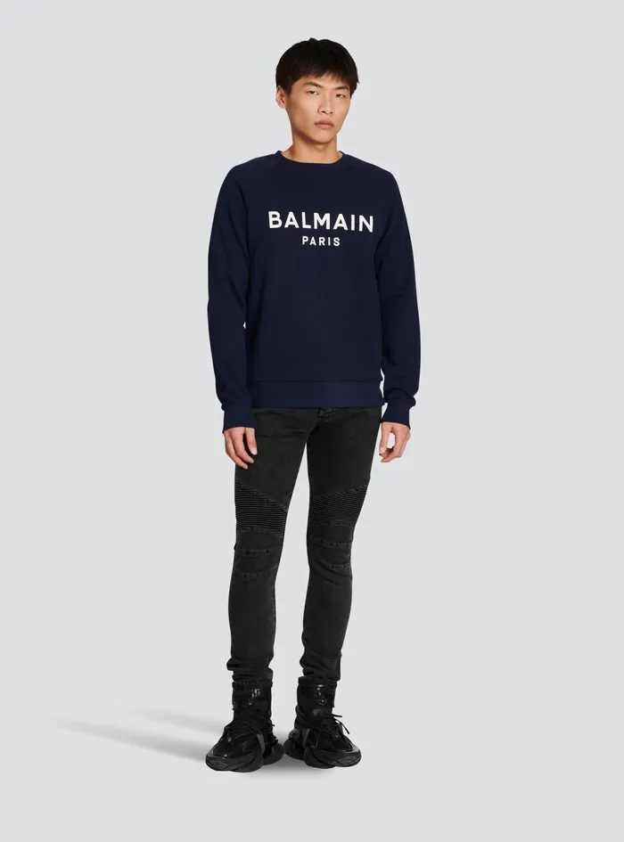 Balmain Sweatshirts Mens Cotton Sweatshirt With Flocked Balmain Paris Logo Navy