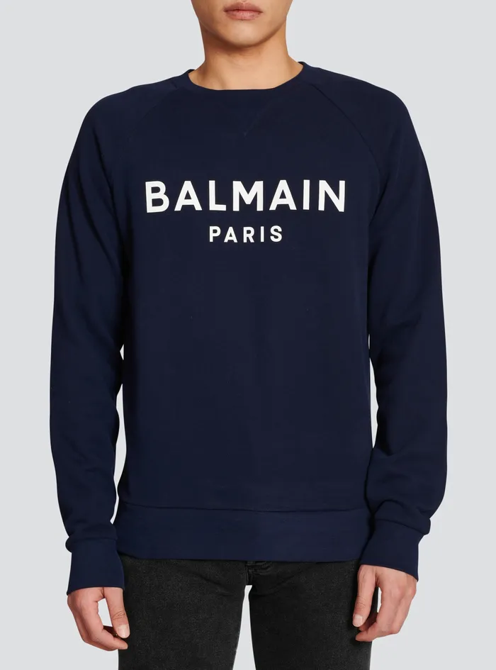 Balmain Sweatshirts Mens Cotton Sweatshirt With Flocked Balmain Paris Logo Navy