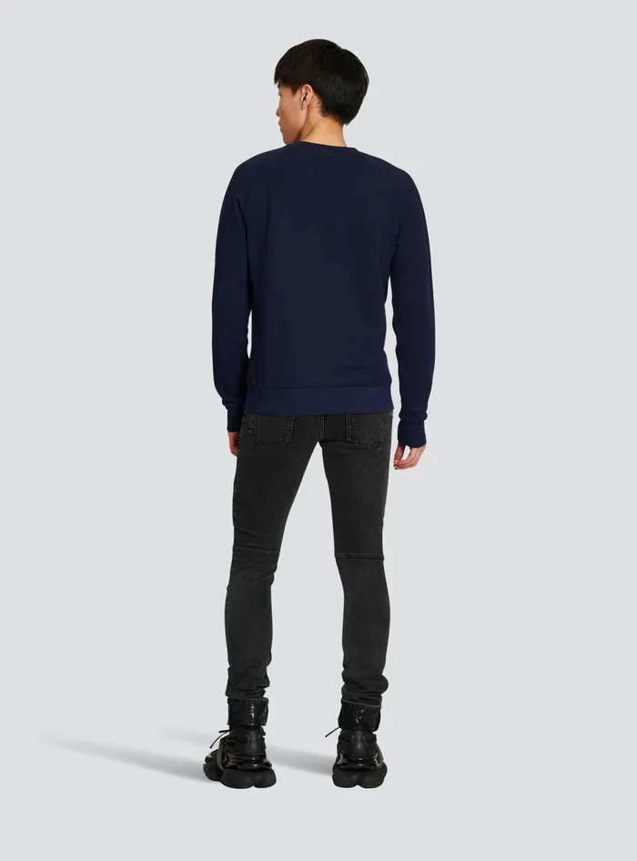 Balmain Sweatshirts Mens Cotton Sweatshirt With Flocked Balmain Paris Logo Navy