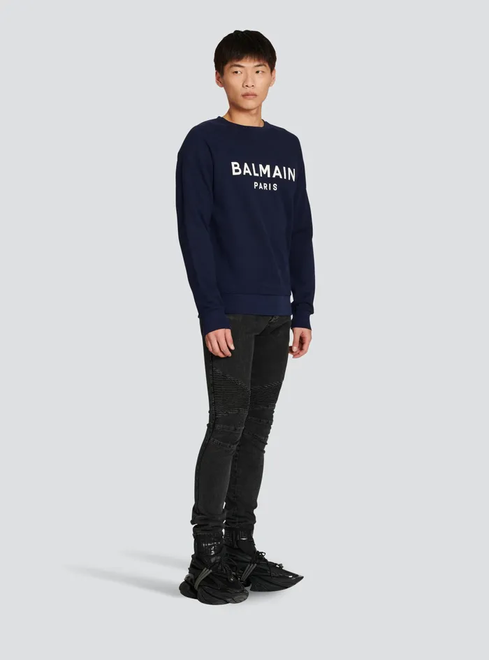 Balmain Sweatshirts Mens Cotton Sweatshirt With Flocked Balmain Paris Logo Navy