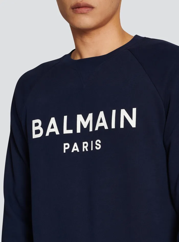 Balmain Sweatshirts Mens Cotton Sweatshirt With Flocked Balmain Paris Logo Navy