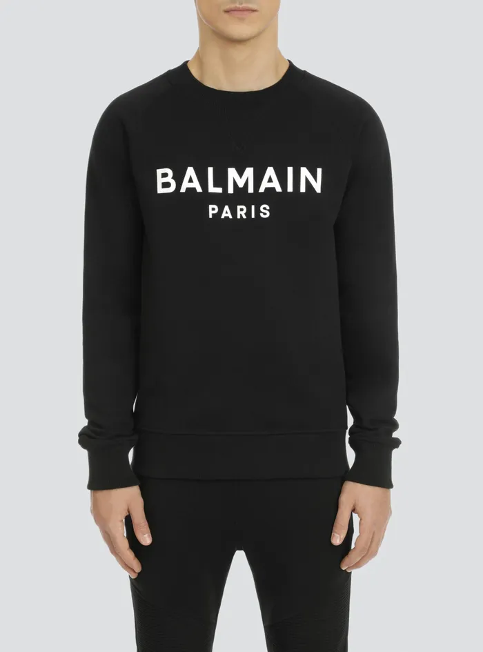Balmain Sweatshirts Mens EcoDesigned Cotton Sweatshirt With Balmain Paris Logo Print Black