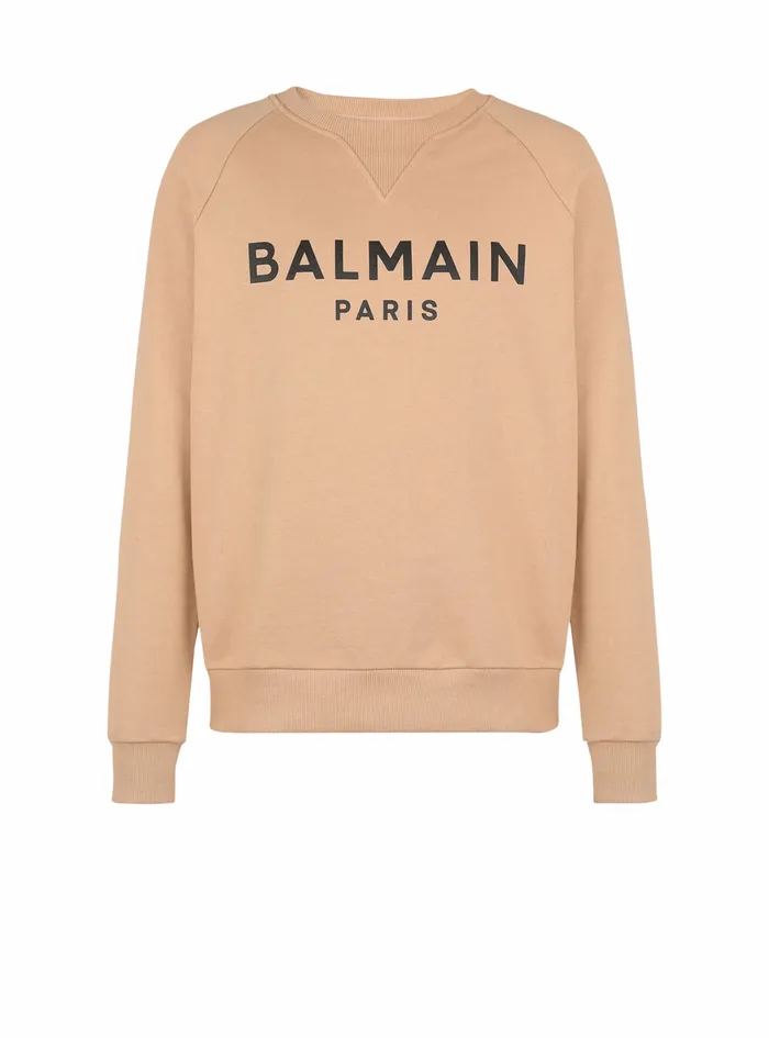 Balmain Sweatshirts Mens EcoDesigned Cotton Sweatshirt With Balmain Paris Metallic Logo Print Beige Balmain Sweatshirts Mens EcoDesigned Cotton Sweatshirt With Balmain Paris Metallic Logo Print Beige