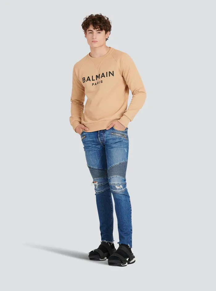 Balmain Sweatshirts Mens EcoDesigned Cotton Sweatshirt With Balmain Paris Metallic Logo Print Beige Balmain Sweatshirts Mens EcoDesigned Cotton Sweatshirt With Balmain Paris Metallic Logo Print Beige