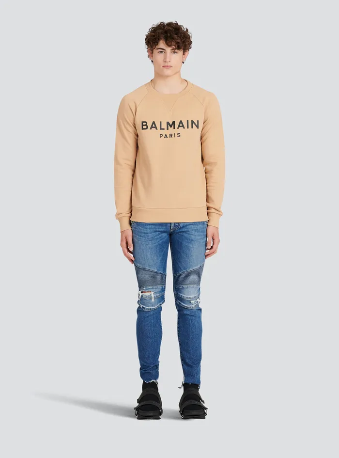 Balmain Sweatshirts Mens EcoDesigned Cotton Sweatshirt With Balmain Paris Metallic Logo Print Beige Balmain Sweatshirts Mens EcoDesigned Cotton Sweatshirt With Balmain Paris Metallic Logo Print Beige
