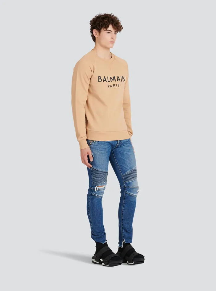 Balmain Sweatshirts Mens EcoDesigned Cotton Sweatshirt With Balmain Paris Metallic Logo Print Beige Balmain Sweatshirts Mens EcoDesigned Cotton Sweatshirt With Balmain Paris Metallic Logo Print Beige