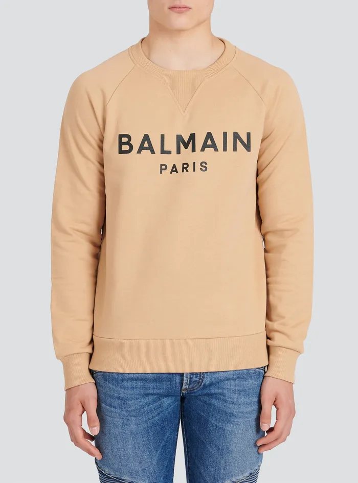 Balmain Sweatshirts Mens EcoDesigned Cotton Sweatshirt With Balmain Paris Metallic Logo Print Beige Balmain Sweatshirts Mens EcoDesigned Cotton Sweatshirt With Balmain Paris Metallic Logo Print Beige