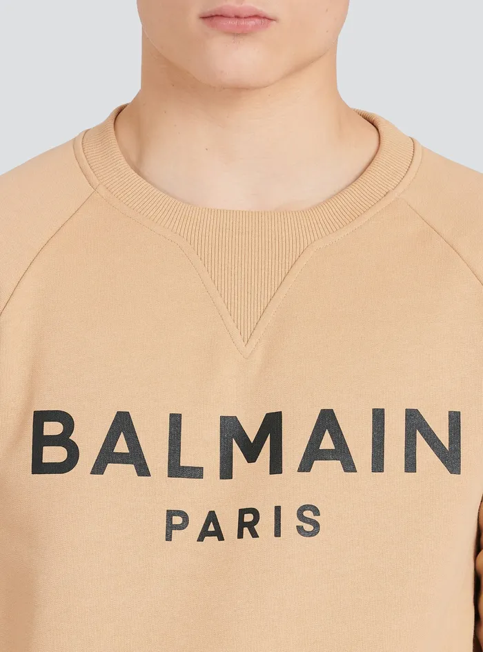 Balmain Sweatshirts Mens EcoDesigned Cotton Sweatshirt With Balmain Paris Metallic Logo Print Beige Balmain Sweatshirts Mens EcoDesigned Cotton Sweatshirt With Balmain Paris Metallic Logo Print Beige