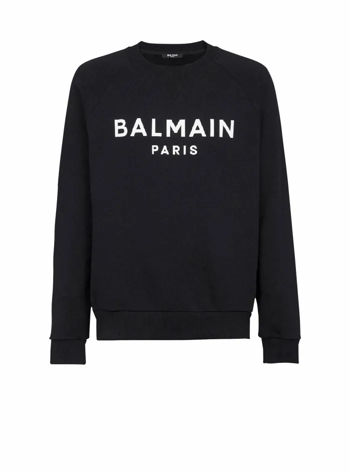 Balmain Sweatshirts Mens EcoDesigned Cotton Sweatshirt With Balmain Paris Metallic Logo Print Black Balmain Sweatshirts Mens EcoDesigned Cotton Sweatshirt With Balmain Paris Metallic Logo Print Black