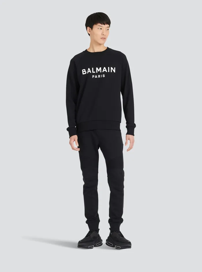 Balmain Sweatshirts Mens EcoDesigned Cotton Sweatshirt With Balmain Paris Metallic Logo Print Black Balmain Sweatshirts Mens EcoDesigned Cotton Sweatshirt With Balmain Paris Metallic Logo Print Black