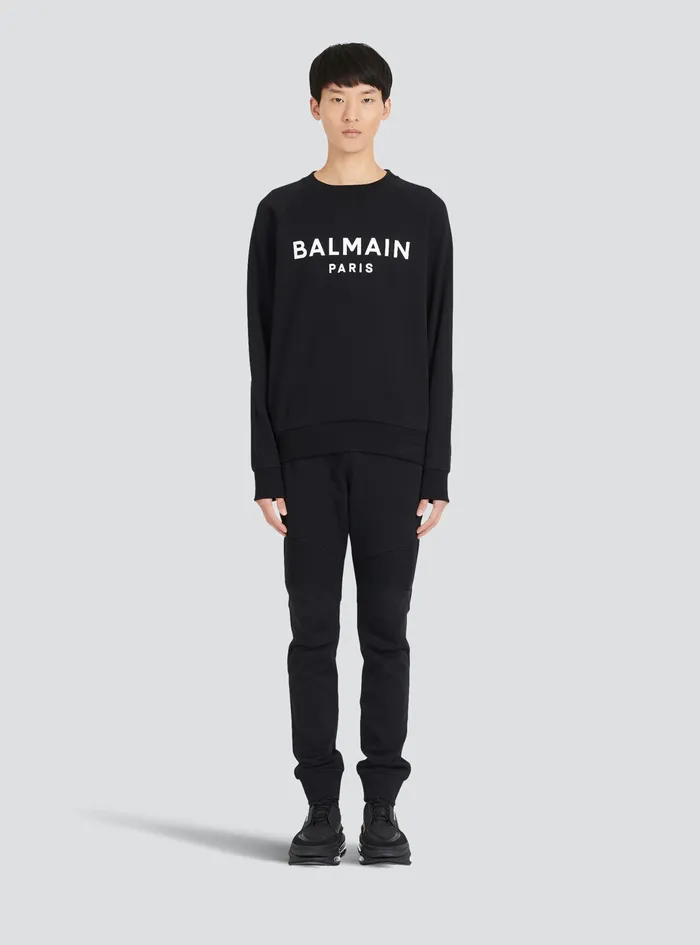 Balmain Sweatshirts Mens EcoDesigned Cotton Sweatshirt With Balmain Paris Metallic Logo Print Black Balmain Sweatshirts Mens EcoDesigned Cotton Sweatshirt With Balmain Paris Metallic Logo Print Black