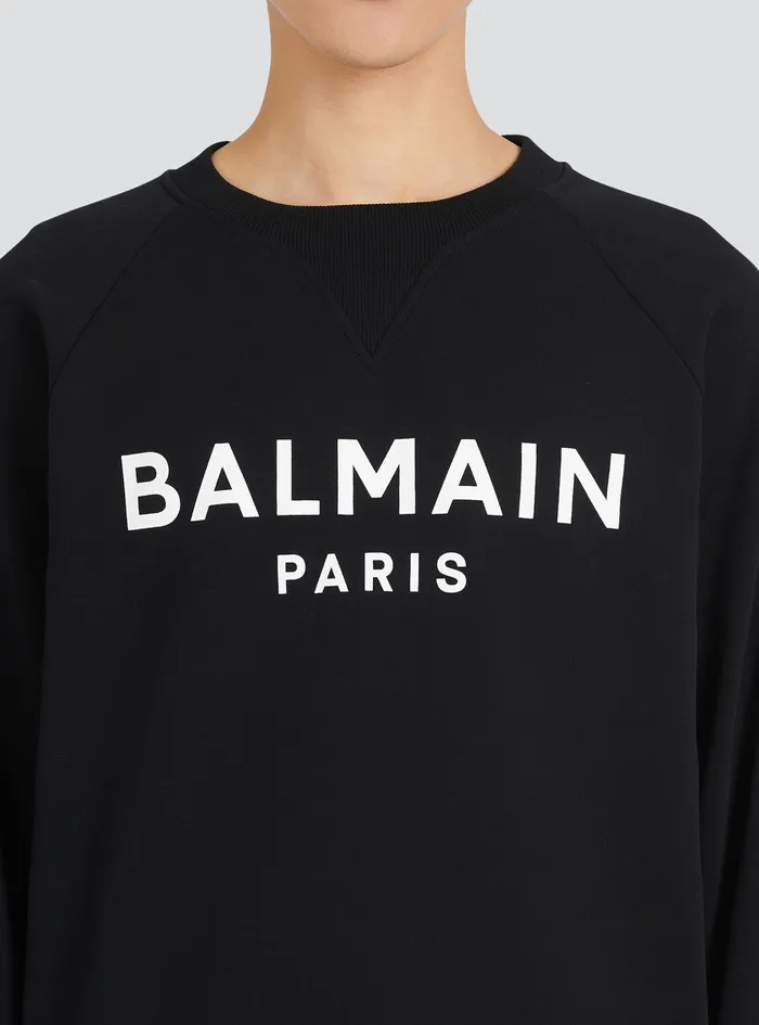 Balmain Sweatshirts Mens EcoDesigned Cotton Sweatshirt With Balmain Paris Metallic Logo Print Black Balmain Sweatshirts Mens EcoDesigned Cotton Sweatshirt With Balmain Paris Metallic Logo Print Black