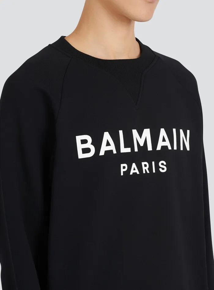 Balmain Sweatshirts Mens EcoDesigned Cotton Sweatshirt With Balmain Paris Metallic Logo Print Black Balmain Sweatshirts Mens EcoDesigned Cotton Sweatshirt With Balmain Paris Metallic Logo Print Black