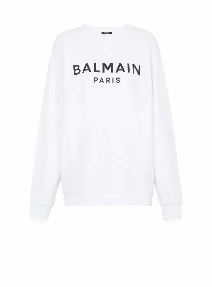 Balmain Sweatshirts Mens EcoDesigned Cotton Sweatshirt With Balmain Paris Metallic Logo Print White Balmain Sweatshirts Mens EcoDesigned Cotton Sweatshirt With Balmain Paris Metallic Logo Print White
