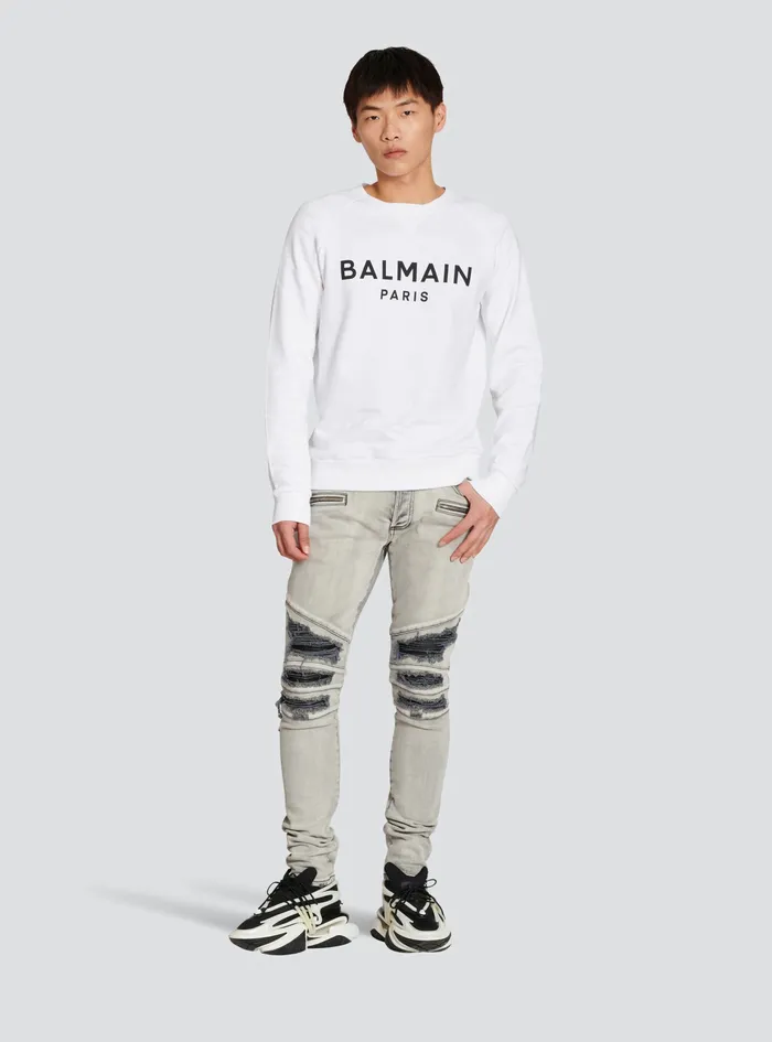 Balmain Sweatshirts Mens EcoDesigned Cotton Sweatshirt With Balmain Paris Metallic Logo Print White Balmain Sweatshirts Mens EcoDesigned Cotton Sweatshirt With Balmain Paris Metallic Logo Print White
