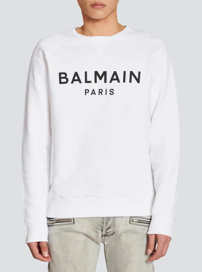 Balmain Sweatshirts Mens EcoDesigned Cotton Sweatshirt With Balmain Paris Metallic Logo Print White Balmain Sweatshirts Mens EcoDesigned Cotton Sweatshirt With Balmain Paris Metallic Logo Print White