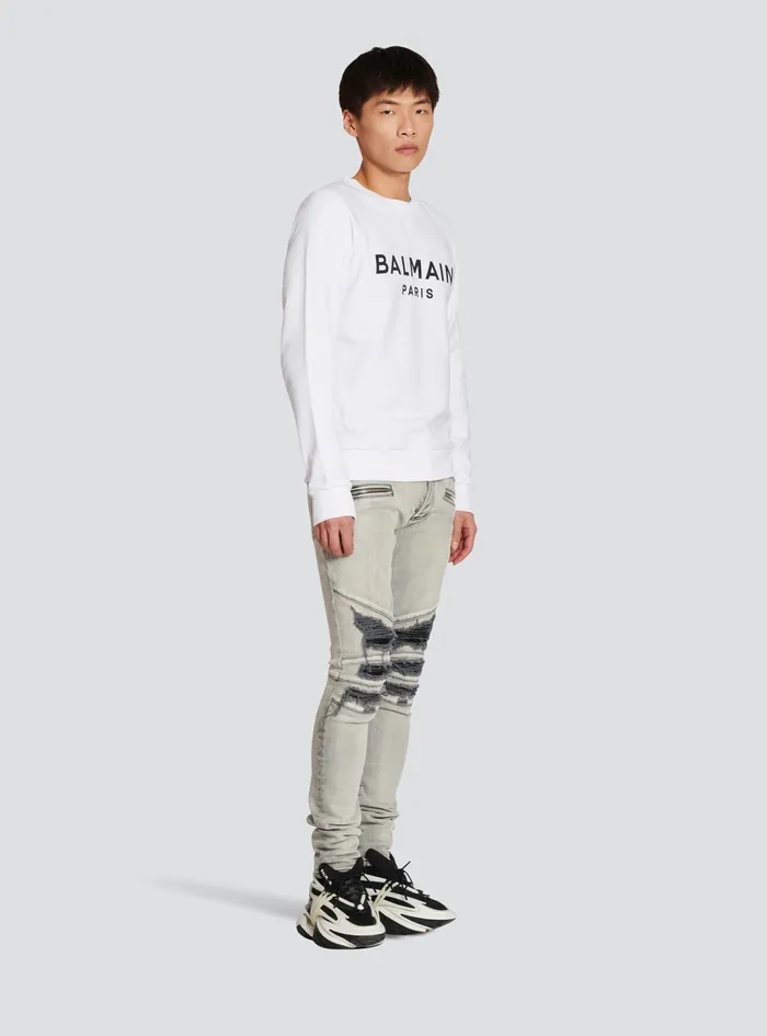 Balmain Sweatshirts Mens EcoDesigned Cotton Sweatshirt With Balmain Paris Metallic Logo Print White Balmain Sweatshirts Mens EcoDesigned Cotton Sweatshirt With Balmain Paris Metallic Logo Print White