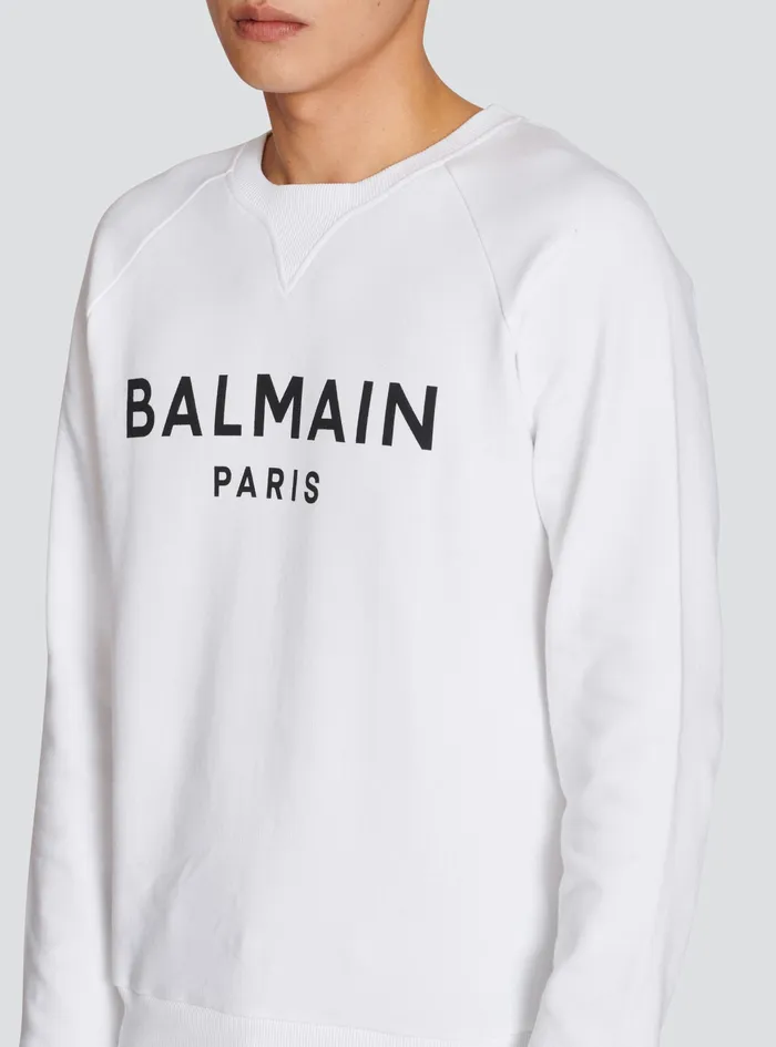Balmain Sweatshirts Mens EcoDesigned Cotton Sweatshirt With Balmain Paris Metallic Logo Print White Balmain Sweatshirts Mens EcoDesigned Cotton Sweatshirt With Balmain Paris Metallic Logo Print White